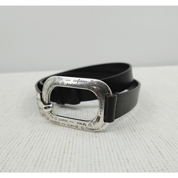 Chicos Belt Womens M-L Black Silver Tone Hook Buckle "Positive Words" Engraved - Picture 12 of 14